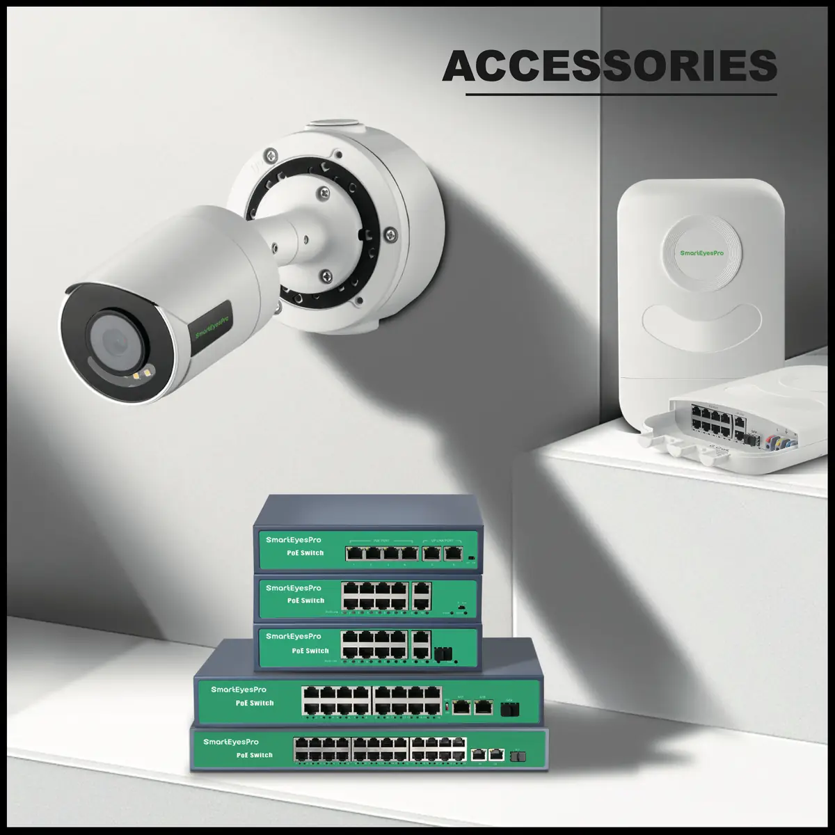 Bộ phụ kiện SmartEyesPro: camera Bullet trên hộp kỹ thuật, các Switch PoE xếp chồng và switch ngoài trời